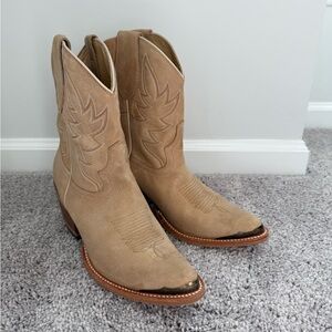 Idyllwind Beige Suede Western Embroidered Ankle Boots with Metal Toe